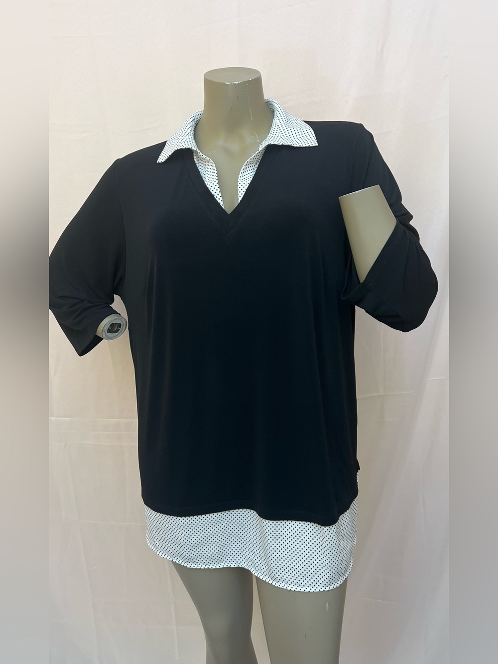 Adrianna Papell Black V-Neck Layered Polka Dot blouse